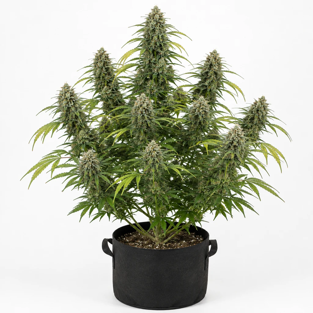 Ilustración de una planta en floración para la ficha de Sideral Feminizada, con varias colas florales en maceta negra sobre fondo blanco.