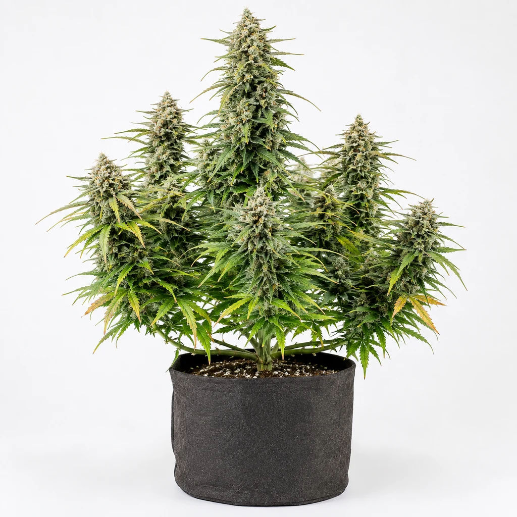 Ilustración de una planta en floración en maceta oscura, con cogolla central alta, para la ficha de White Crystal Meth Auto.