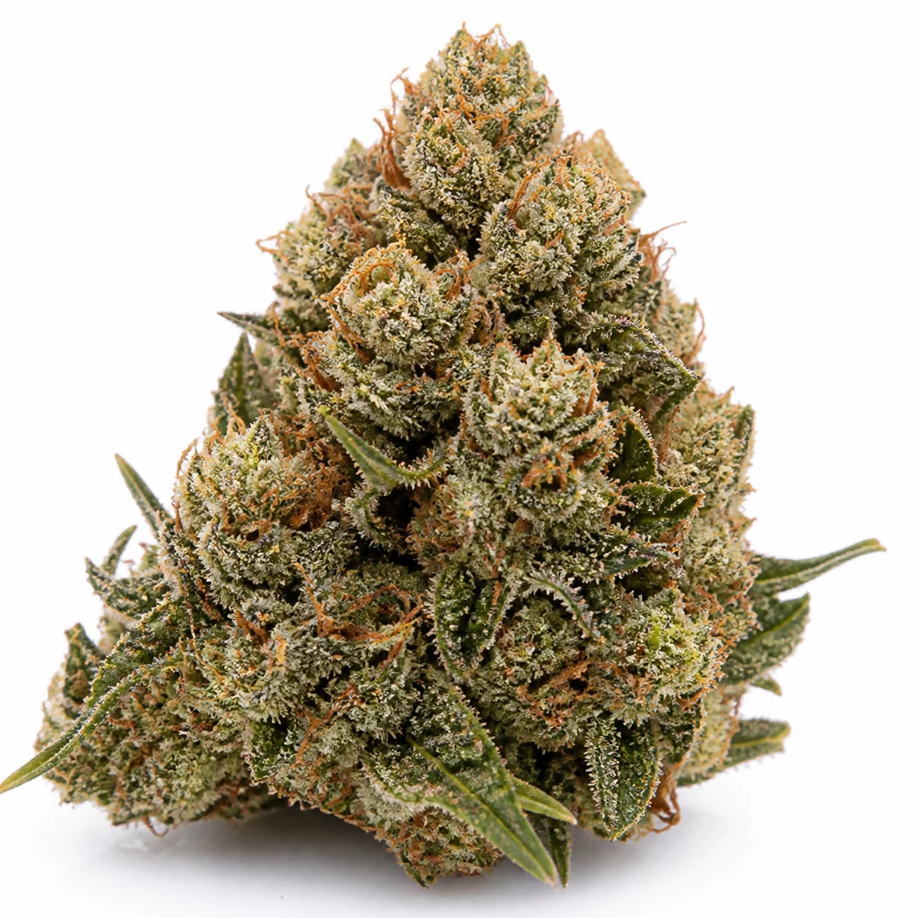 Ilustración de un cogollo compacto con hojas verdes, filamentos anaranjados y superficie blanquecina para la ficha de Clinical White CBD.