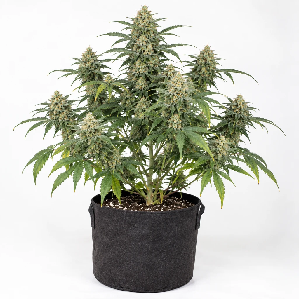 Ilustración de una planta de cannabis en floración en maceta negra, para la ficha de Clinical White CBD Feminizada de Expert Seeds.