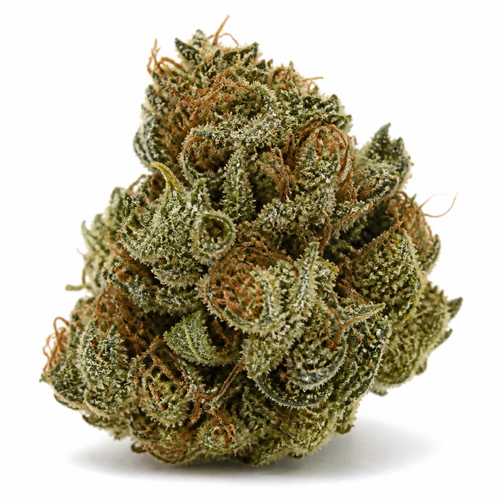 Ilustración de un cogollo verde con hojas curvadas, filamentos anaranjados y cobertura blanquecina para la ficha de Vision Critical Auto – Vision Seeds.