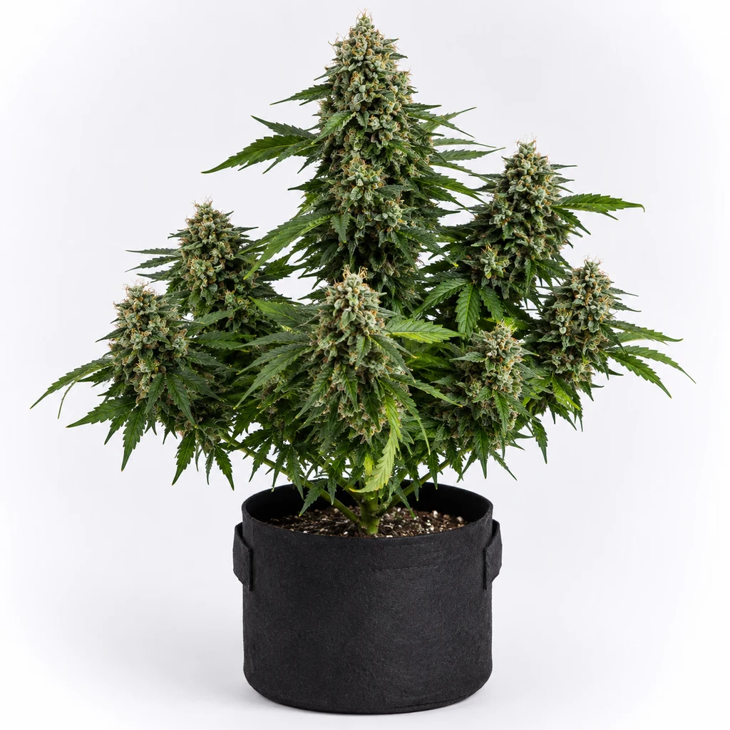 Ilustración de una planta de cannabis con gran cogollo central en maceta con asas para la ficha de OG Kush Autofloreciente de Seed Stockers.