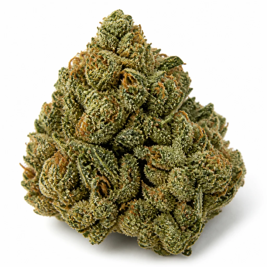 Ilustración de un cogollo compacto verde con filamentos anaranjados y superficie de aspecto granulado para la ficha de OG Kush Auto de Seed Stockers.