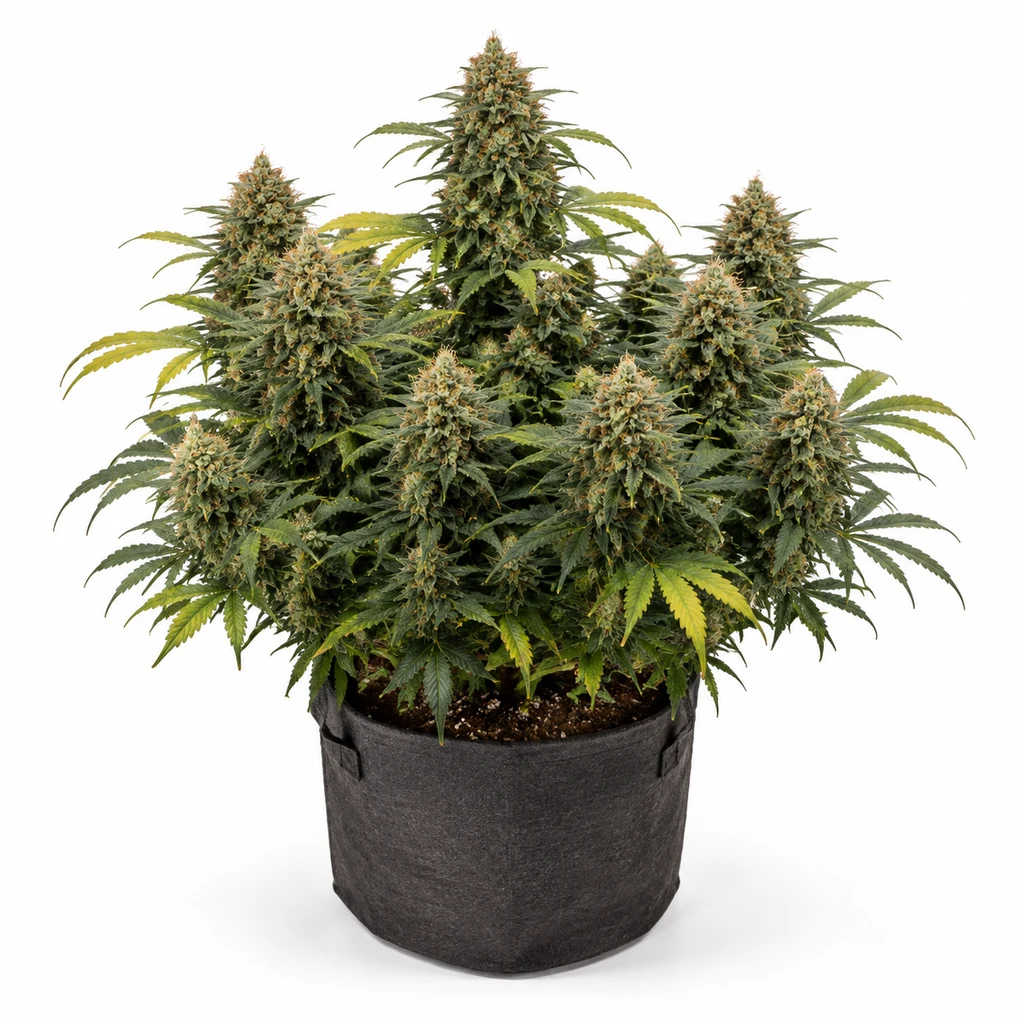 Ilustración de una planta de cannabis con flores densas en maceta textil oscura para la ficha de Zkittlez Auto 420 de Fast Buds.