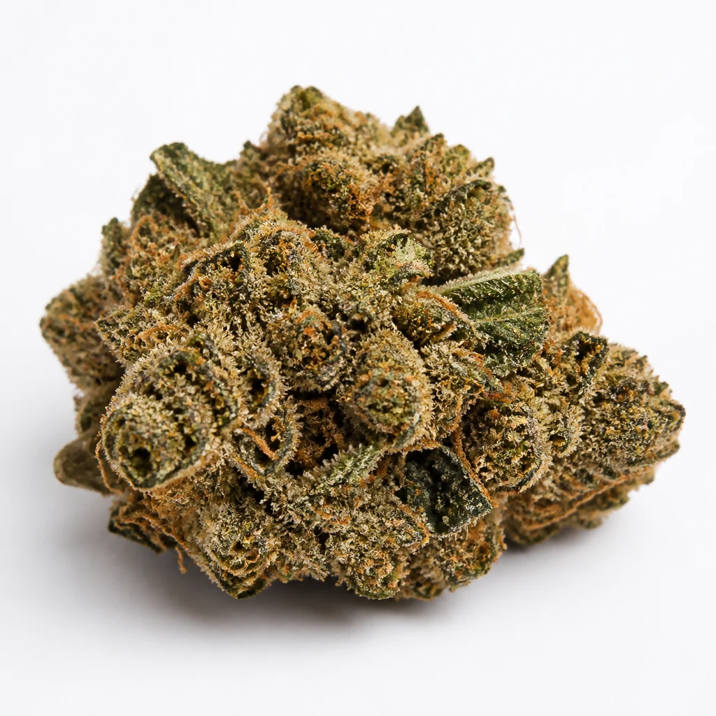 Ilustración de un cogollo verde con filamentos anaranjados y superficie granulada, para la ficha de OG Kush Feminizada de Royal Queen Seeds.