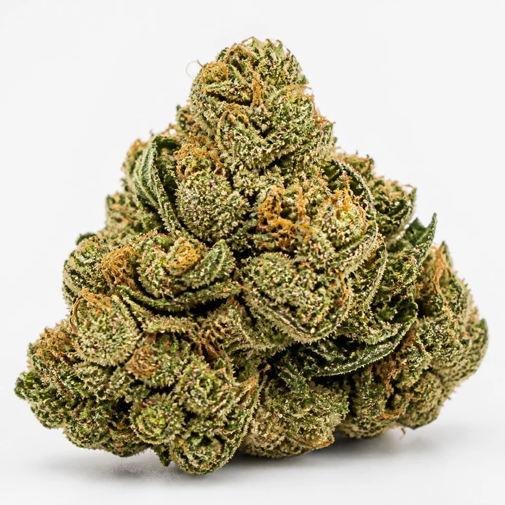 Ilustración de un cogollo verde con filamentos anaranjados y superficie granulada para la ficha de King's Kush CBD Auto, sobre fondo blanco.