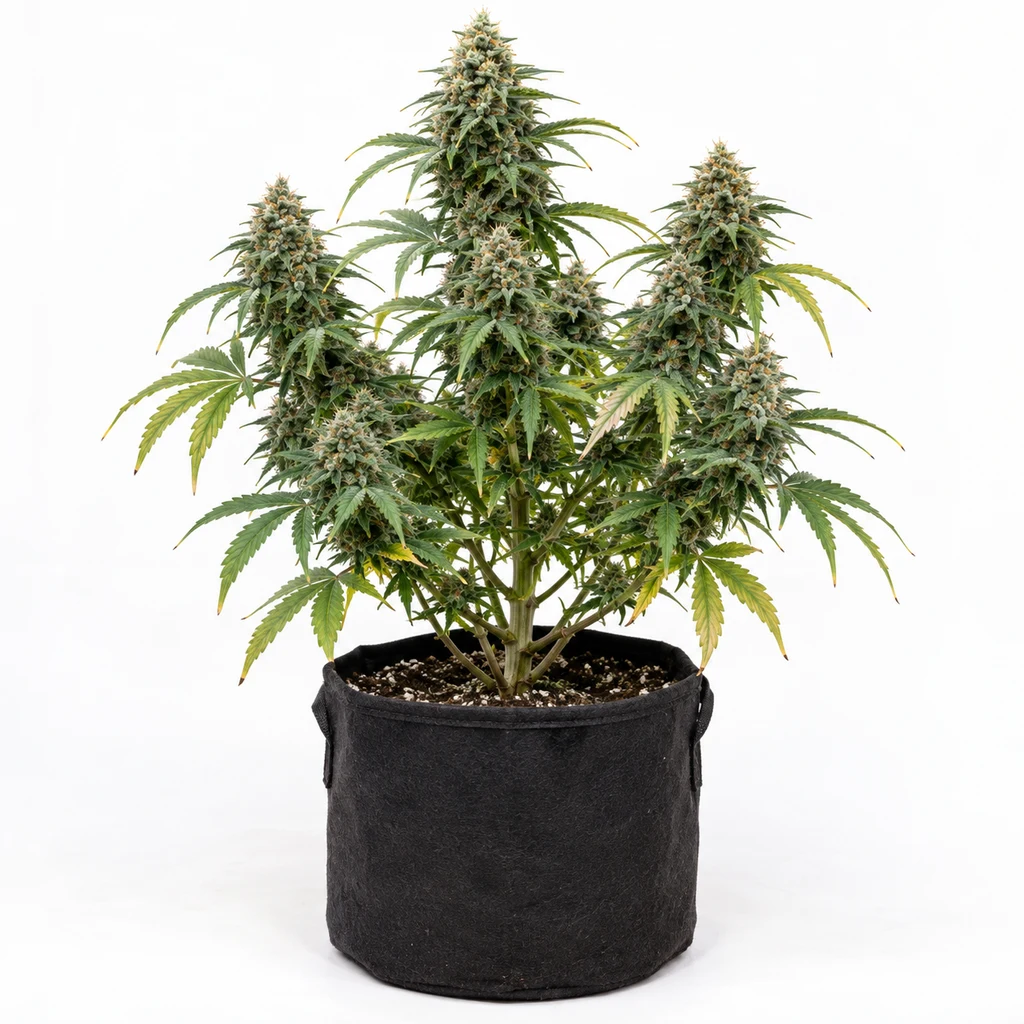Ilustración de una planta para la ficha de King's Kush CBD Auto, con varias ramas floridas y hojas verdes y amarillas en maceta negra.