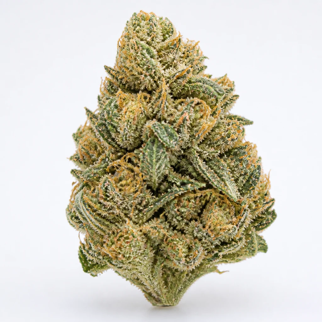 Ilustración de un cogollo alargado verde con filamentos anaranjados y superficie blanquecina para la ficha de Blue Dream Feminizada.