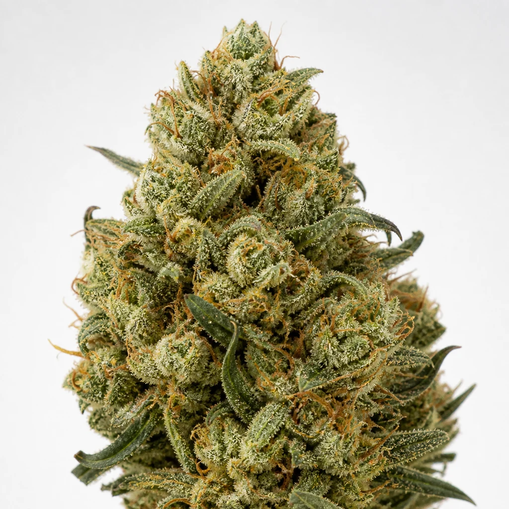 Ilustración de un cogollo alargado con hojas verdes puntiagudas y pistilos anaranjados para la ficha de Jack 47 XL Auto de Sweet Seeds.
