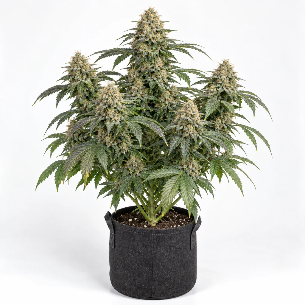 Ilustración de una planta en floración para la ficha de Sherbet Queen, con varias colas florales y hojas verdes en una maceta negra.