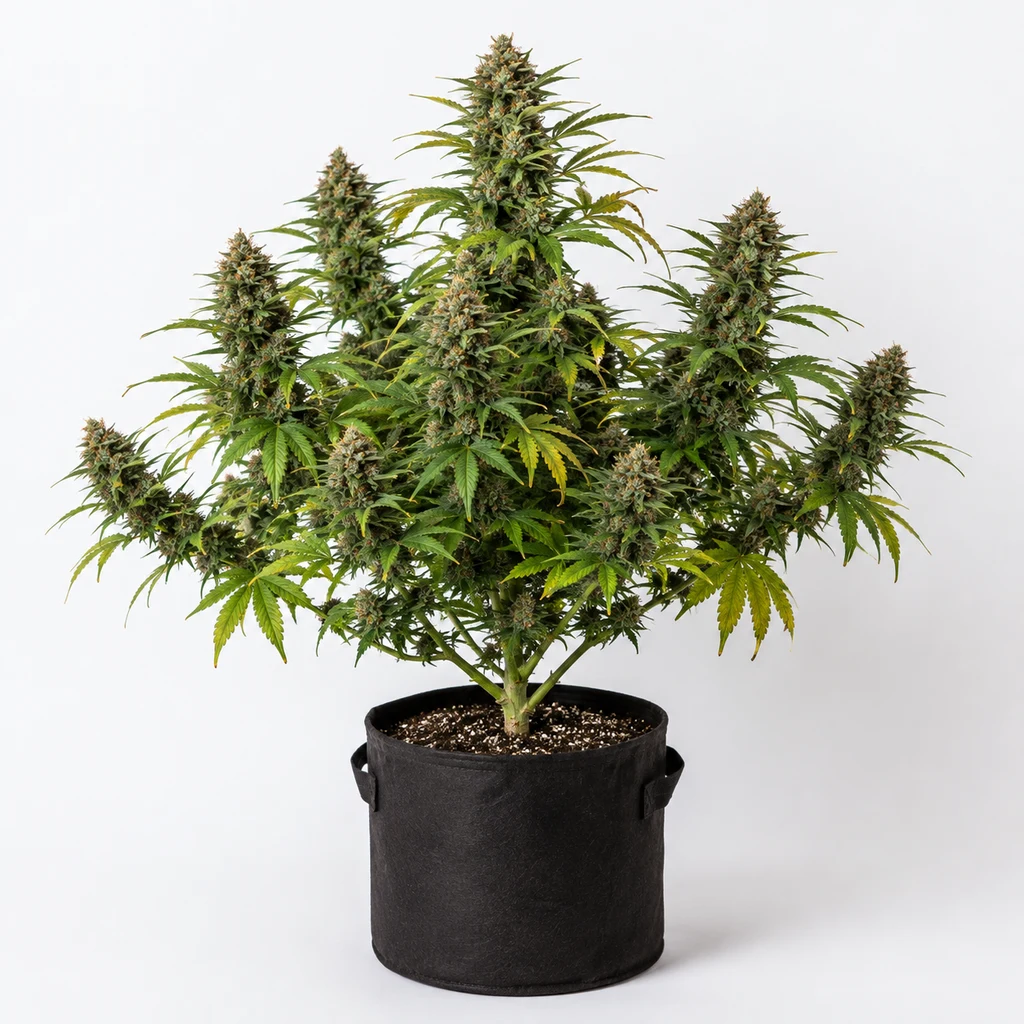 Ilustración de una planta de cannabis en floración, en maceta negra, para la ficha de Chemdog Gorilla Feminizada de Expert Seeds.