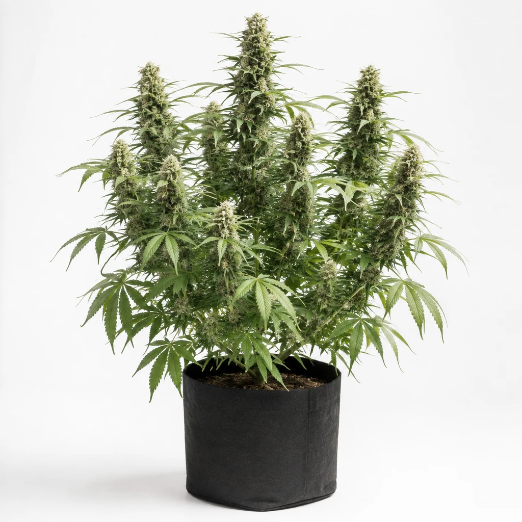 Ilustración de una planta de cannabis con cogollos alargados y hojas estrechas en maceta negra, para la ficha de Nuttea Haze Feminizada.