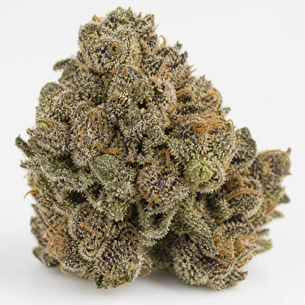 Ilustración de un cogollo con tonos verdes y morados y filamentos anaranjados para la ficha de Purple Punch Auto de Fast Buds.