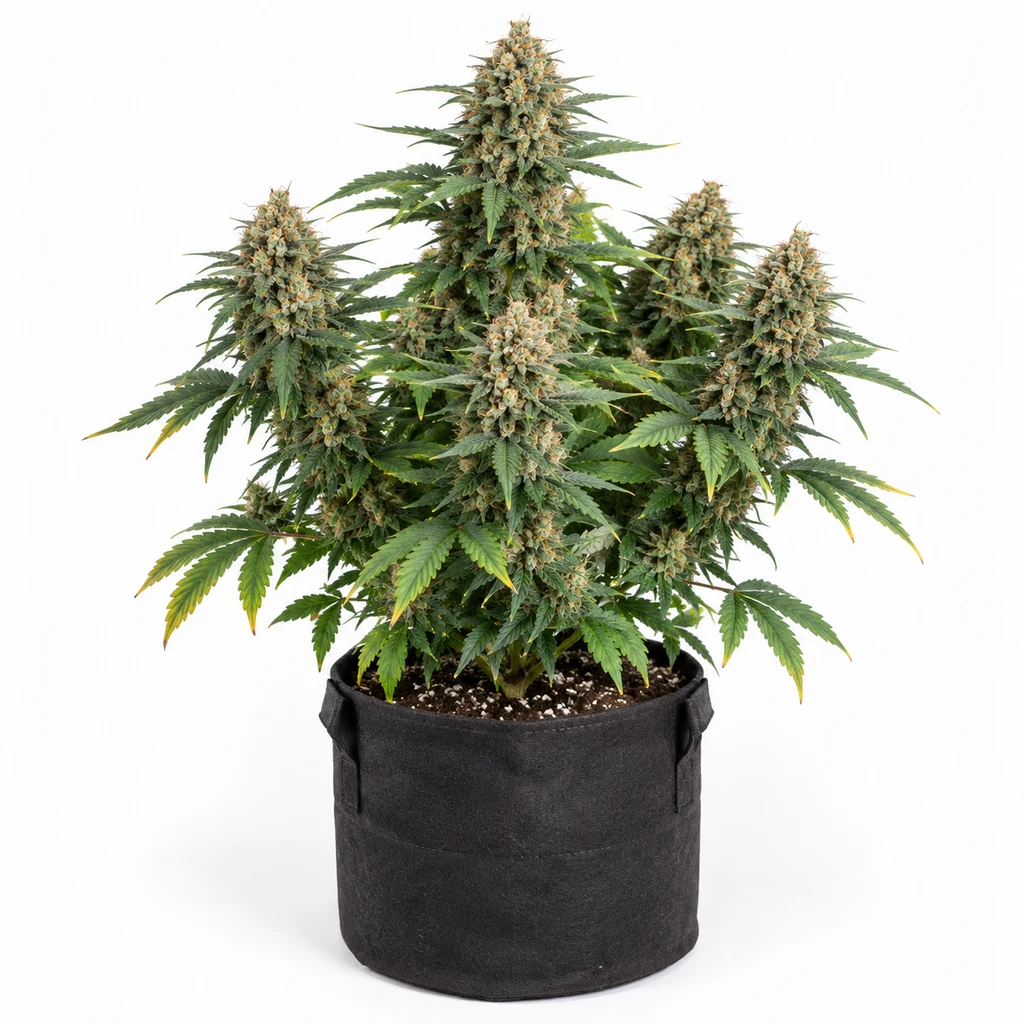 Ilustración de cannabis para la ficha de Glue Gelato Auto, con copa central alta y cogollos laterales en maceta negra sobre fondo blanco.