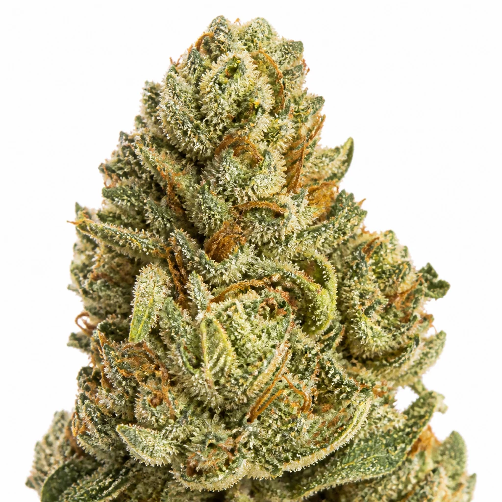 Ilustración de un cogollo alargado con hojas verdes, tricomas blanquecinos y filamentos naranjas para la ficha de Gorilla Girl XL Auto.