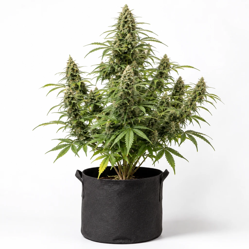 Ilustración de una planta en floración para la ficha de Sweet Amnesia Haze XL Auto, con cogollo central alto y maceta negra sobre fondo blanco.