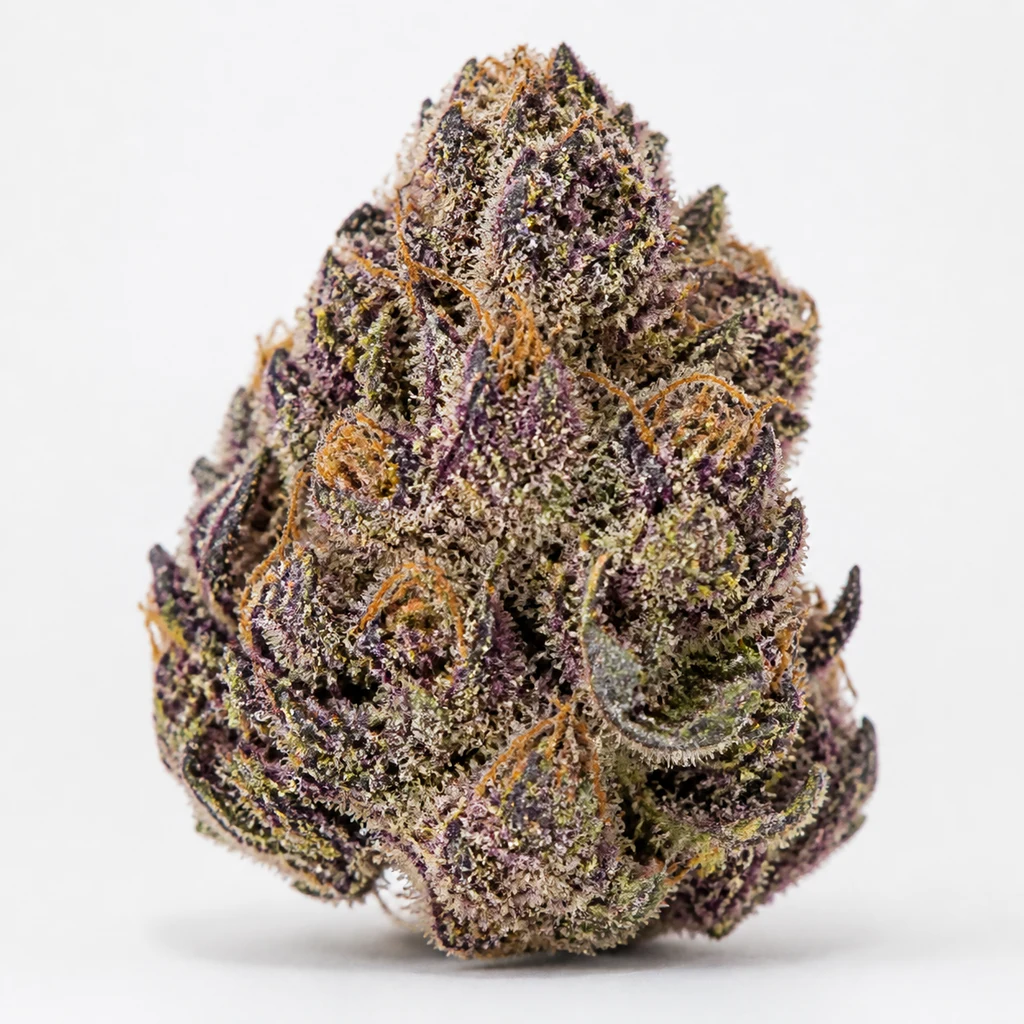 Ilustración de un cogollo de tonos morados y verdes con filamentos anaranjados para la ficha de Buddha Purple Kush Feminizada.