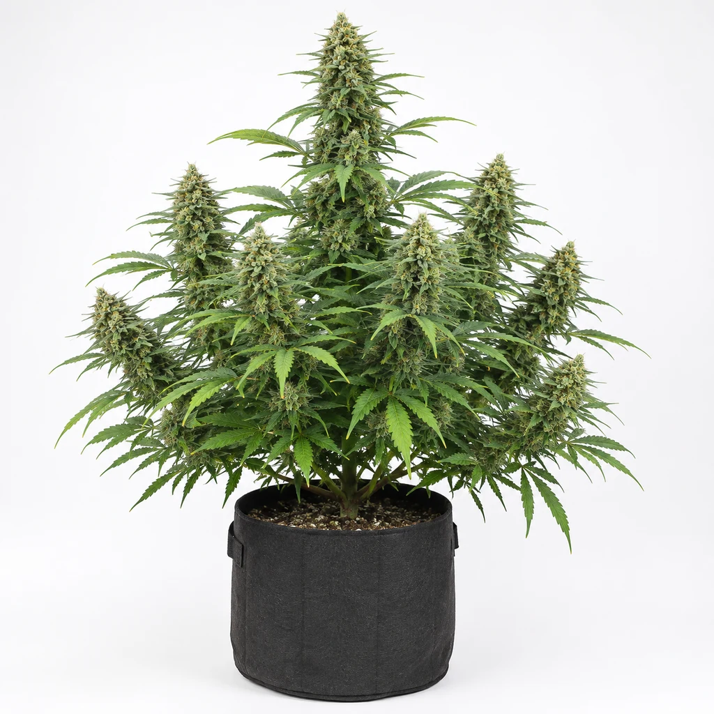 Ilustración de una planta en floración en maceta negra para la ficha de Guava Jelly Feminizada – White Label, sobre fondo blanco.