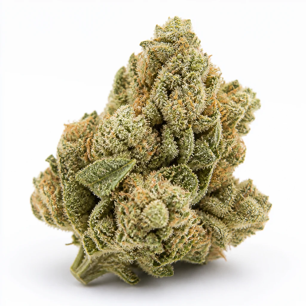 Ilustración de un cogollo verde con filamentos anaranjados y superficie blanquecina para la ficha de Banana Kush Feminizada – White Label.