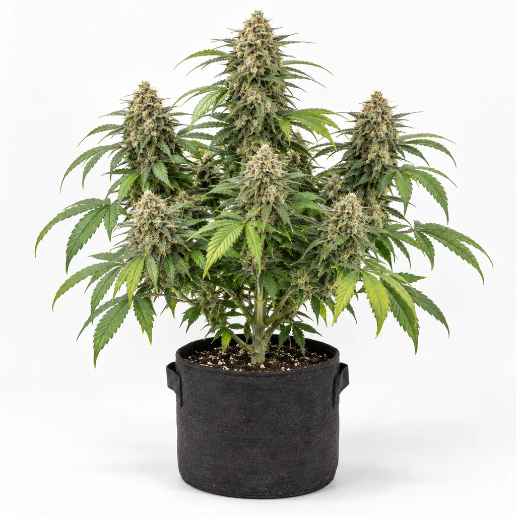 Ilustración de una planta en floración para la ficha de Banana Kush Feminizada, con cogollos voluminosos y maceta negra sobre fondo blanco.