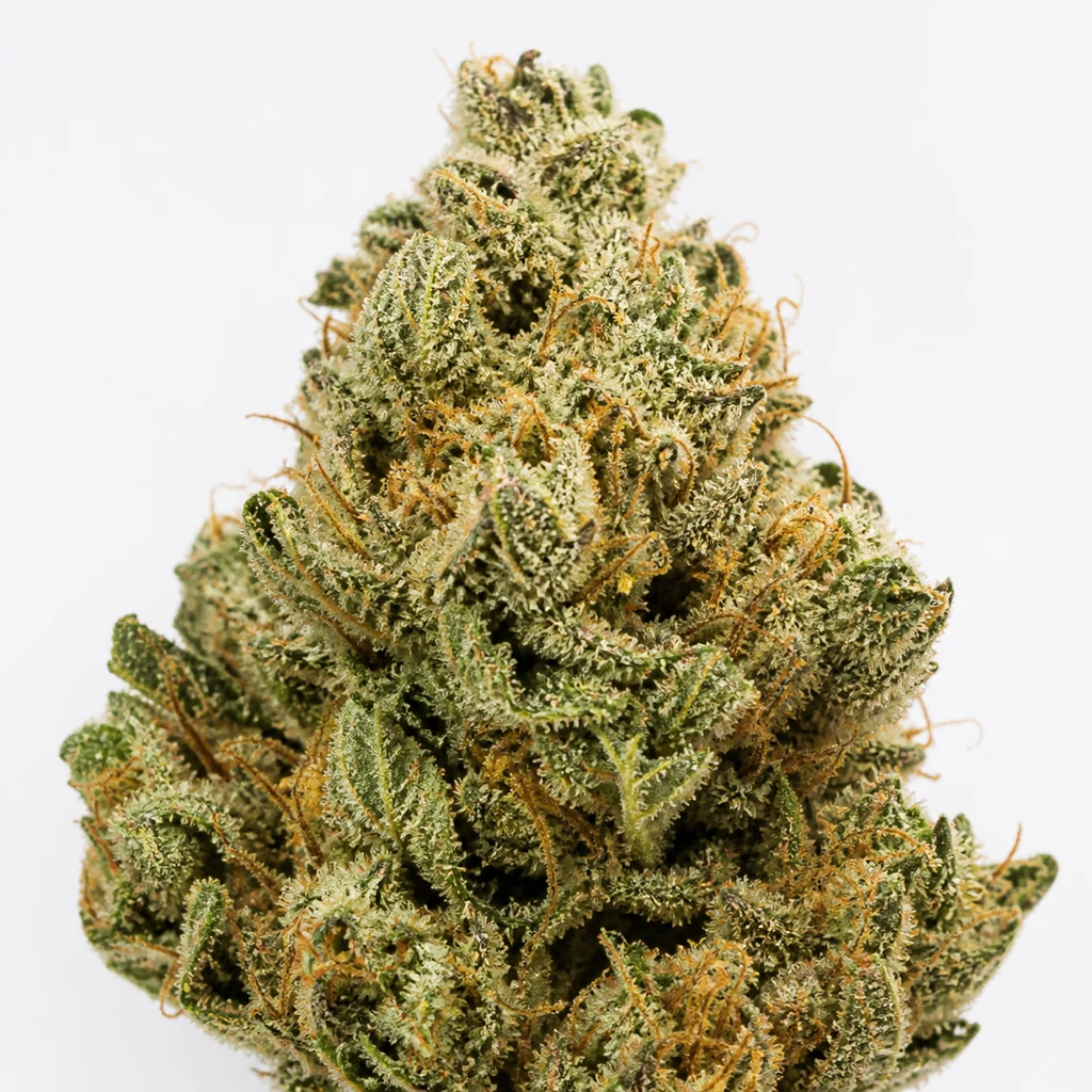 Ilustración de un cogollo verde con filamentos anaranjados y superficie blanquecina para la ficha de Double Banana Kush Feminizada – White Label.