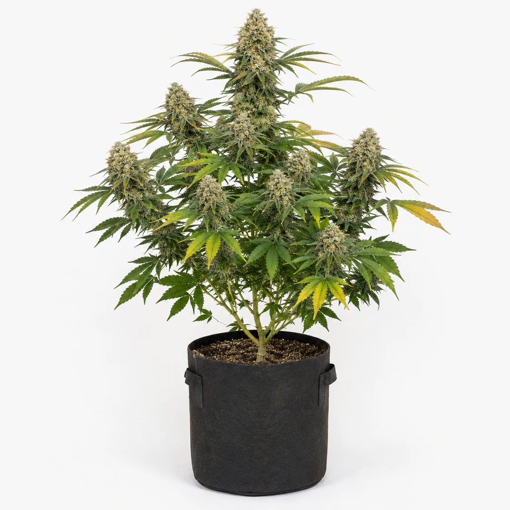Ilustración de una planta en floración en maceta negra, con hojas verdes y amarillas, para la ficha de Girl Scout Cookies.