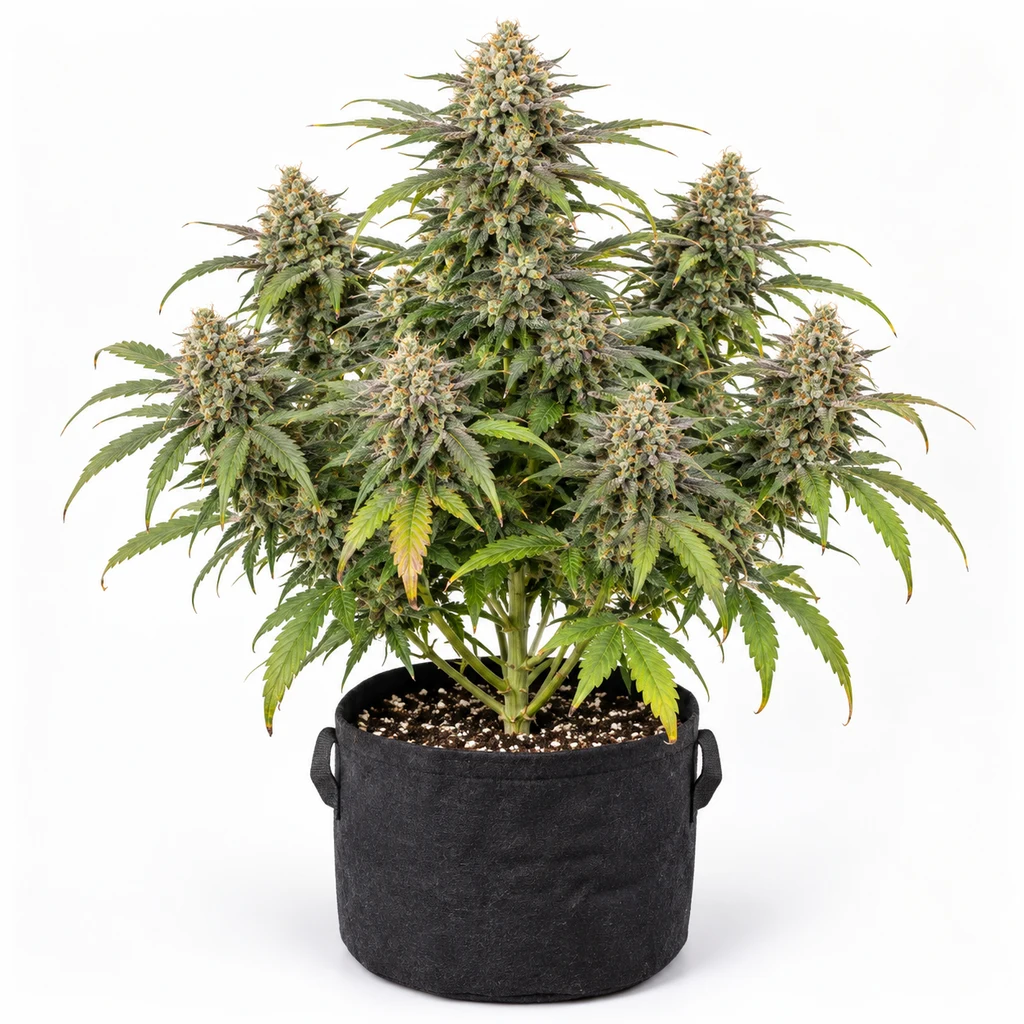 Ilustración de una planta de cannabis en floración para la ficha de Sherbet Auto, con cogollos abundantes en maceta negra con asas.