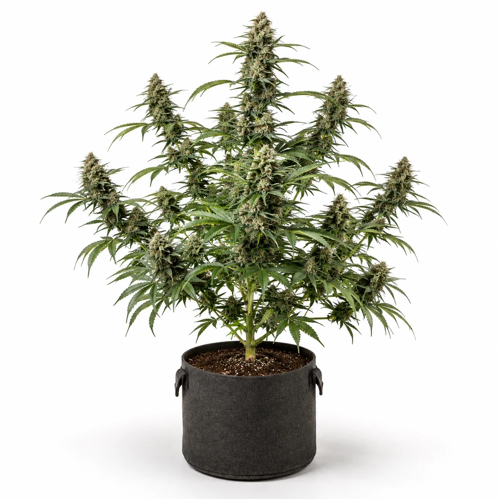 Ilustración de una planta de cannabis con flores y hojas verdes en maceta negra para la ficha de AK 420 Feminizada – Seed Stockers.