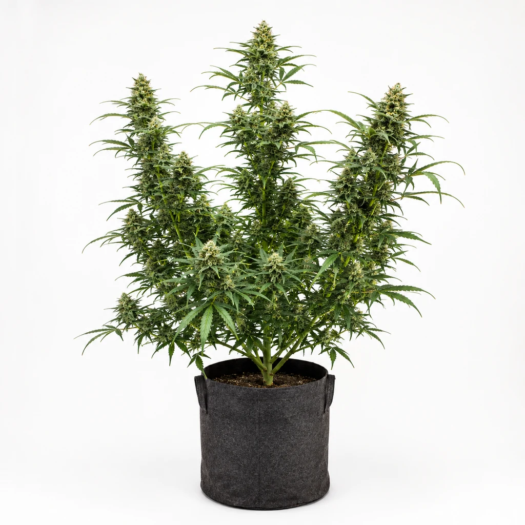 Ilustración de una planta en floración con varias ramas y cogollos en maceta de tela gris para la ficha de Jamaican Dream CBD Feminizada.