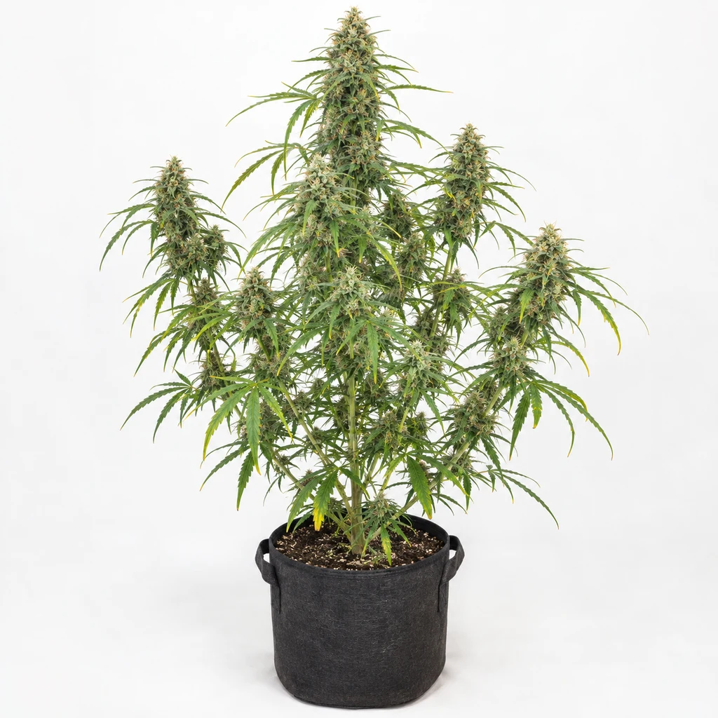 Ilustración de una planta en floración para la ficha de Auto Zamaldelica de ACE Seeds, con ramas altas y maceta negra sobre fondo blanco.