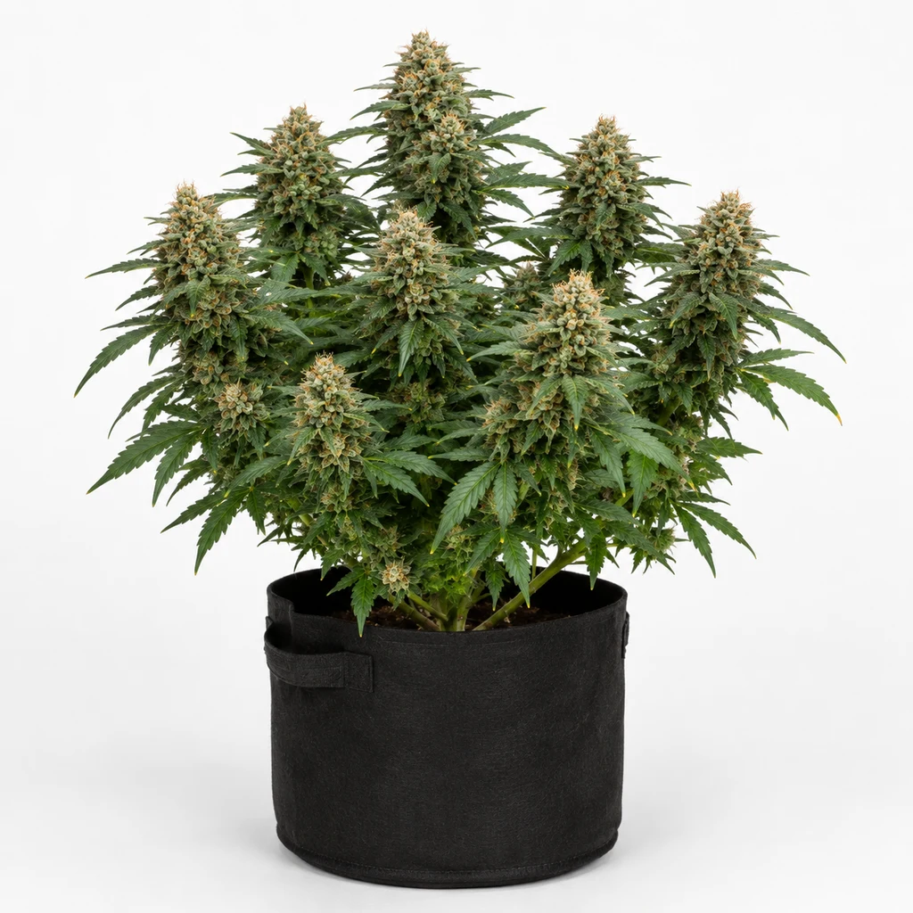 Ilustración de una planta en floración para la ficha de Bellini Feminizada, con varias colas florales y hojas verdes en una maceta negra.
