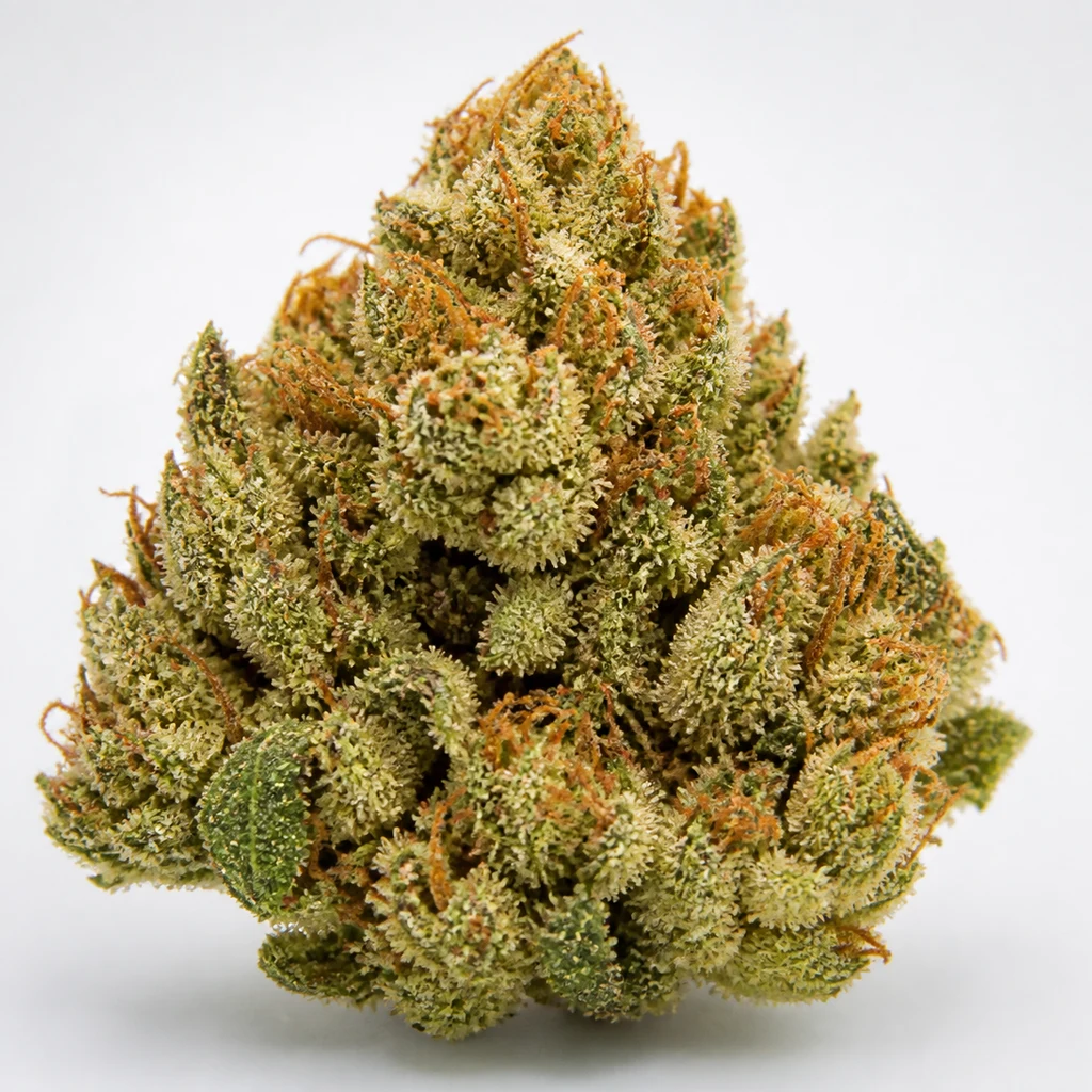 Ilustración de un cogollo verde con pistilos anaranjados para la ficha de Auto Zkittly Zi Zi – Bulk Seeds, sobre fondo blanco.