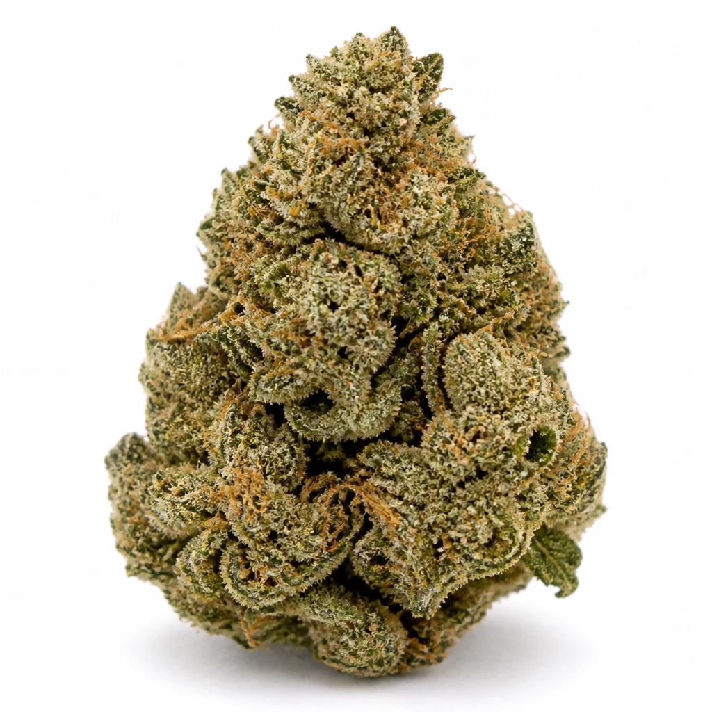 Ilustración de un cogollo para la ficha de Original Auto White Widow, de forma cónica, verde y con abundantes puntos blanquecinos.