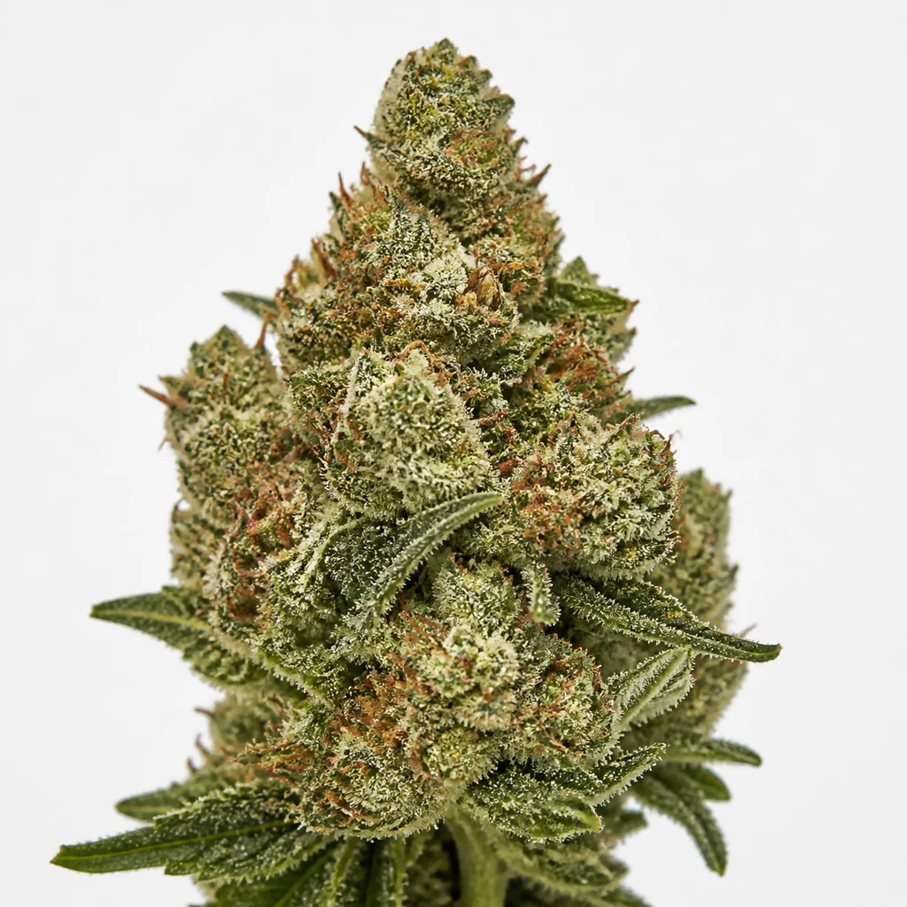 Ilustración de un cogollo con hojas verdes alargadas y filamentos anaranjados para la ficha de Original Auto Critical – Fast Buds.