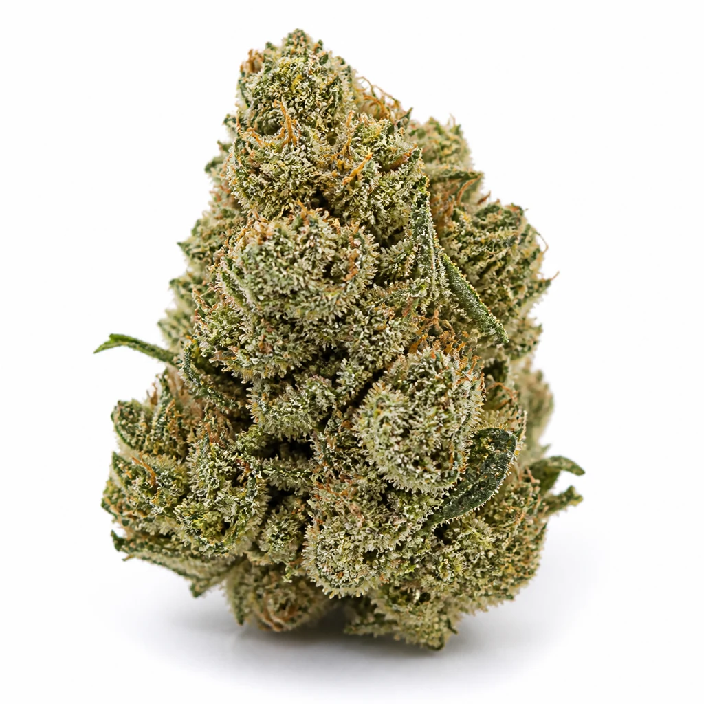Ilustración de un cogollo verde cónico con filamentos anaranjados para la ficha de Original Auto Sour Diesel – Fast Buds.