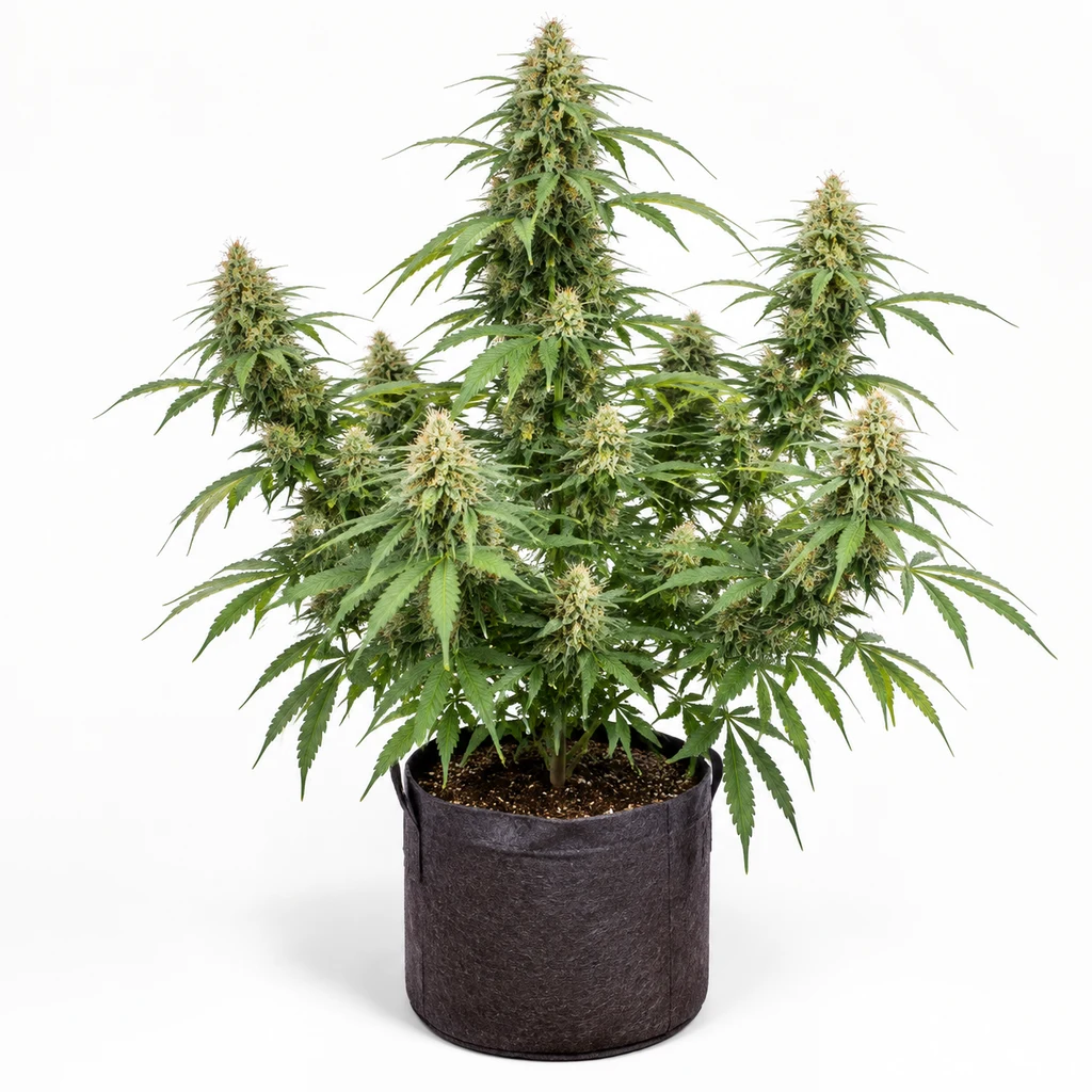 Ilustración de una planta de cannabis con flores y hojas verdes en maceta oscura para la ficha de Original Auto Sour Diesel de Fast Buds.