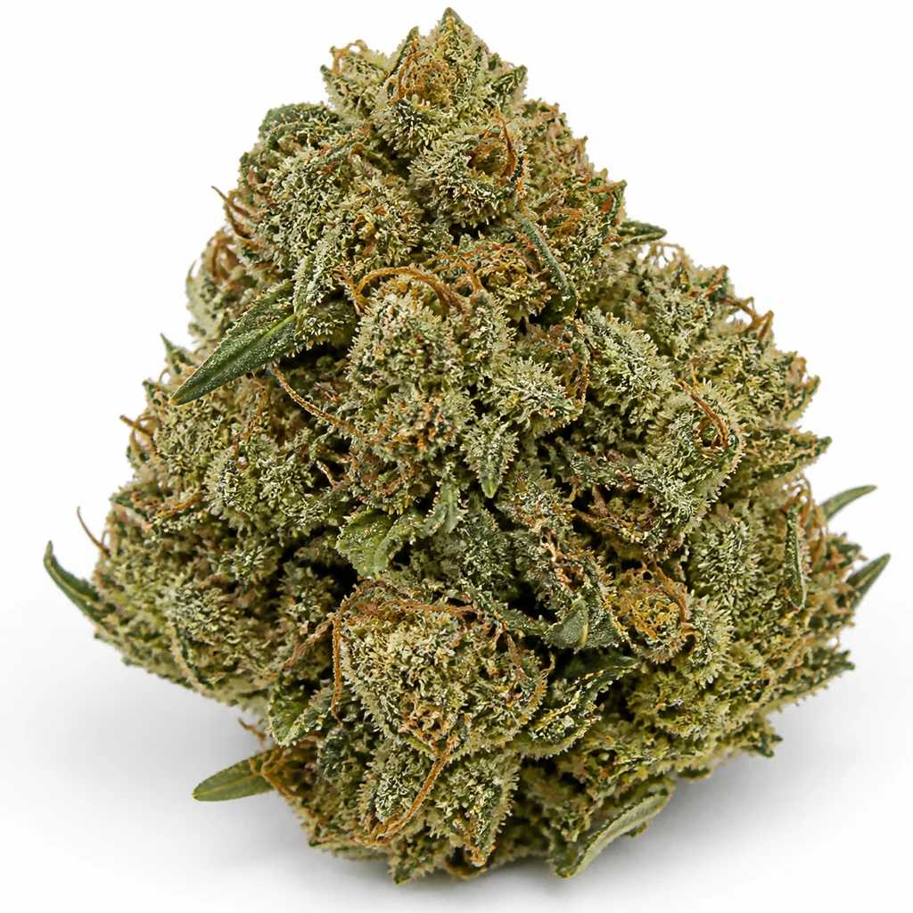 Ilustración de un cogollo verde compacto con pistilos anaranjados para la ficha de Auto CBD White Widow – Bulk Seeds.