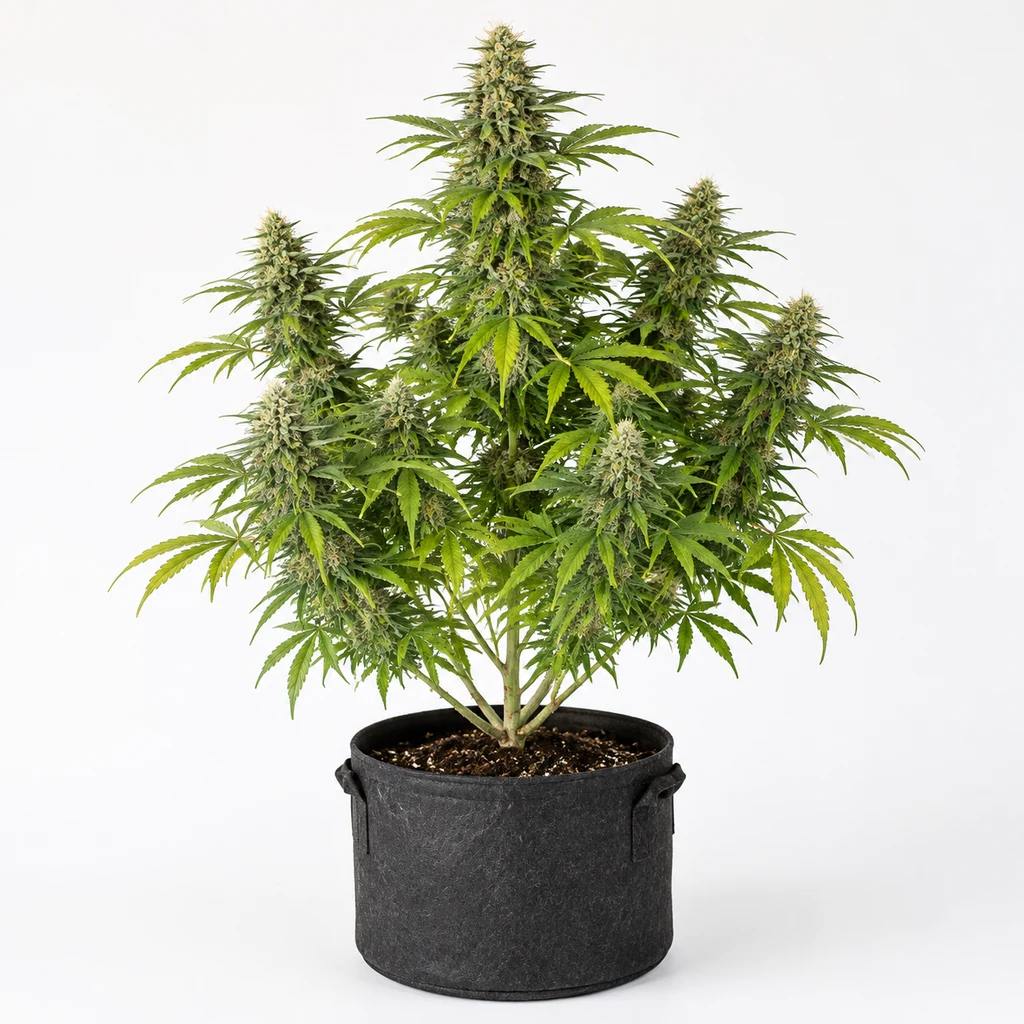 Ilustración de una planta en floración para la ficha de Green Crack Feminizada, con ramas abiertas y cogollos en una maceta negra.