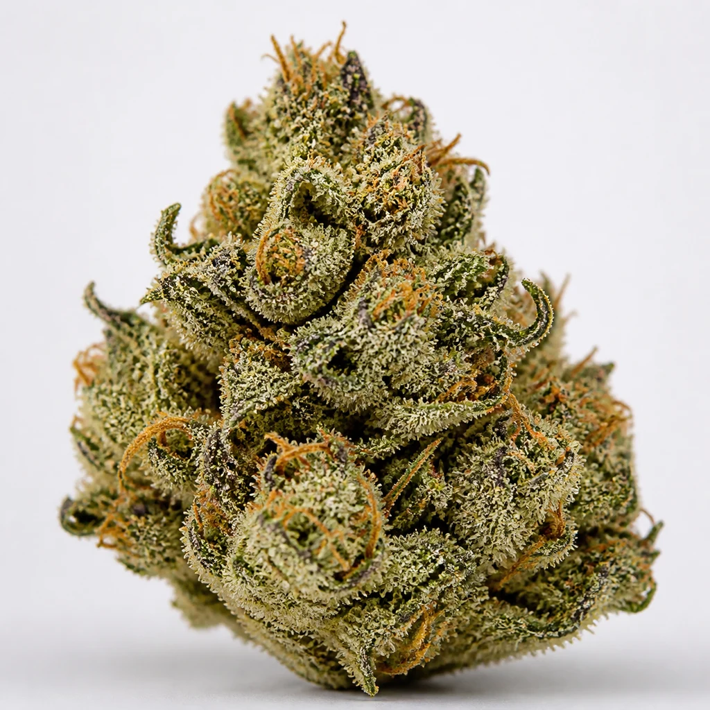 Ilustración de un cogollo con hojas curvadas y abundantes puntos blanquecinos para la ficha de Orange Sherbet Auto – Fast Buds.