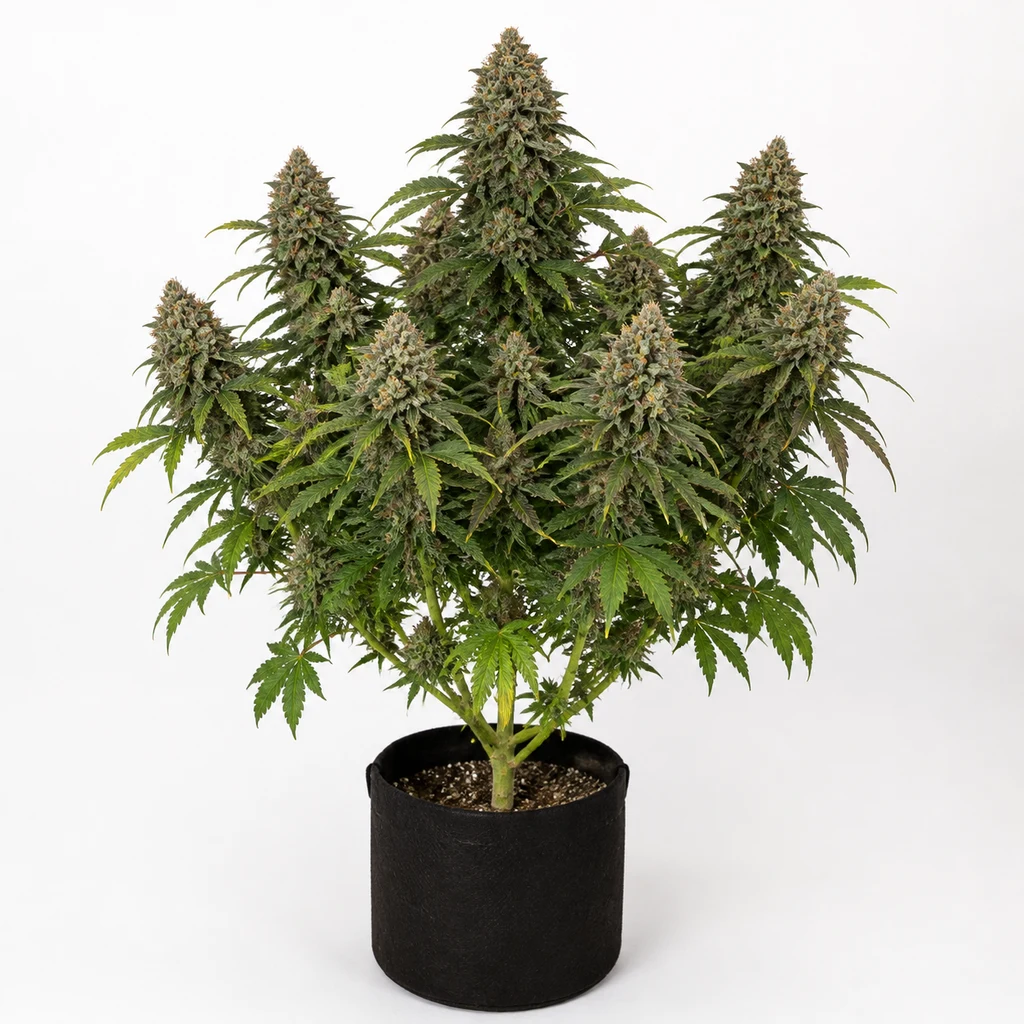 Ilustración de una planta de cannabis en floración en maceta negra para la ficha de Bruce Cookies Feminizada de Original Sensible Seeds.