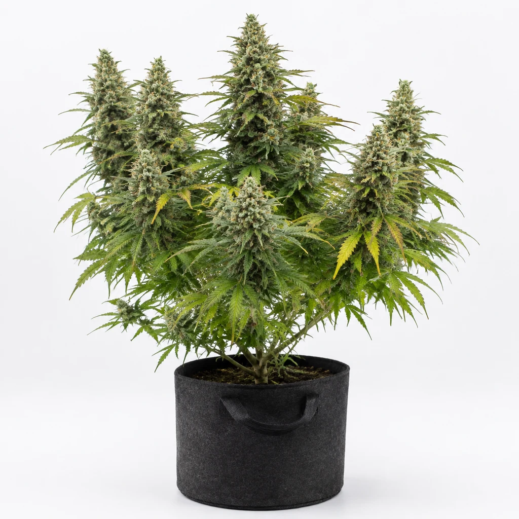 Ilustración de una planta de cannabis con varias colas florales en maceta textil negra para la ficha de Wedding Cookies Feminizada.
