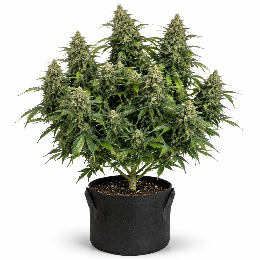 Ilustración de una planta de cannabis en floración para la ficha de Double Cookies Auto, con abundantes cogollos en maceta negra sobre fondo blanco.