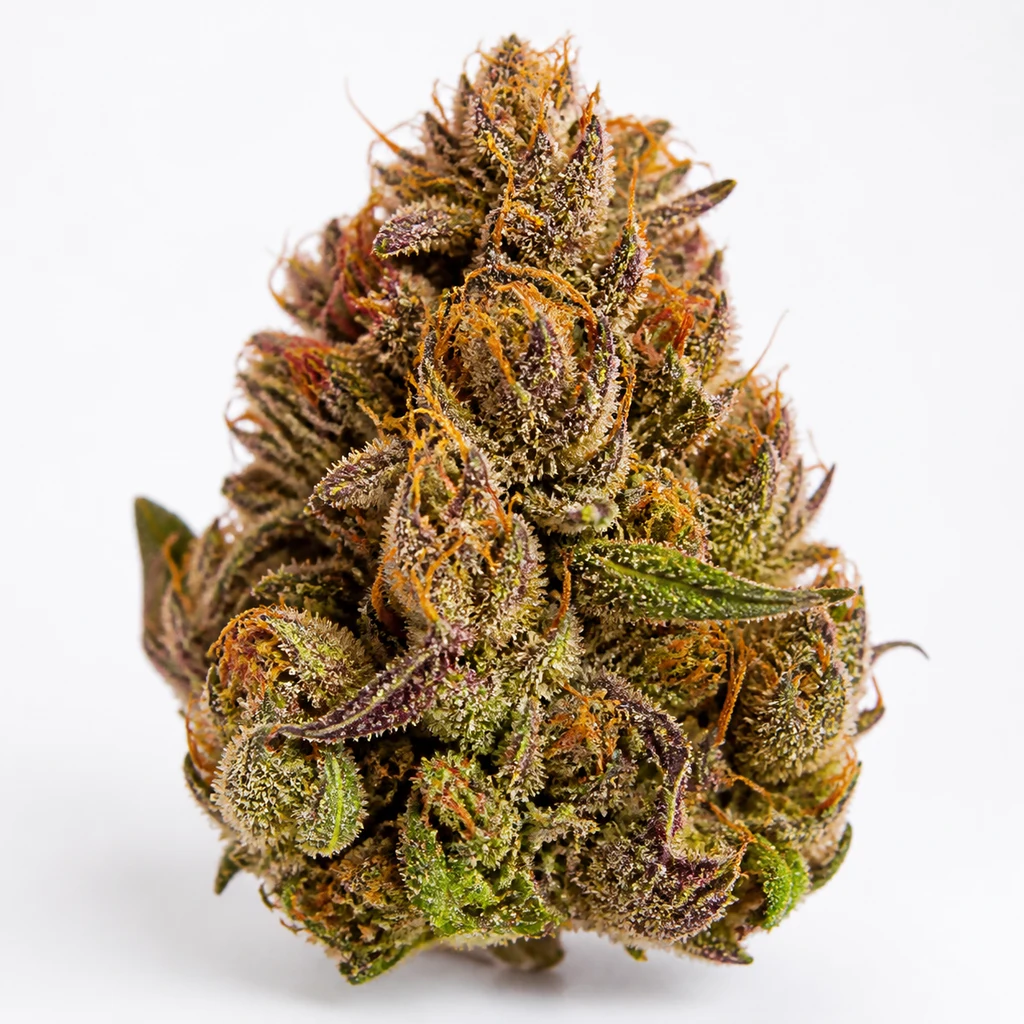 Ilustración de un cogollo verde y morado con pistilos anaranjados para la ficha de Red Critical Auto de BSF Seeds.