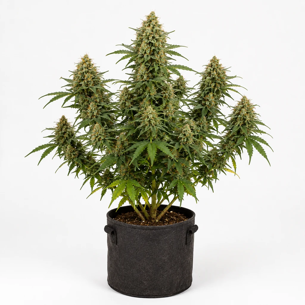 Ilustración de una planta de cannabis en floración para la ficha de Mandarine Punch Auto, con abundantes cogollos en maceta negra sobre fondo blanco.
