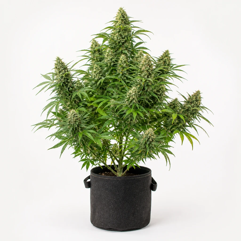 Ilustración de una planta en floración para la ficha de Skunk Dream CBD Feminizada, con hojas verdes y maceta negra sobre fondo blanco.