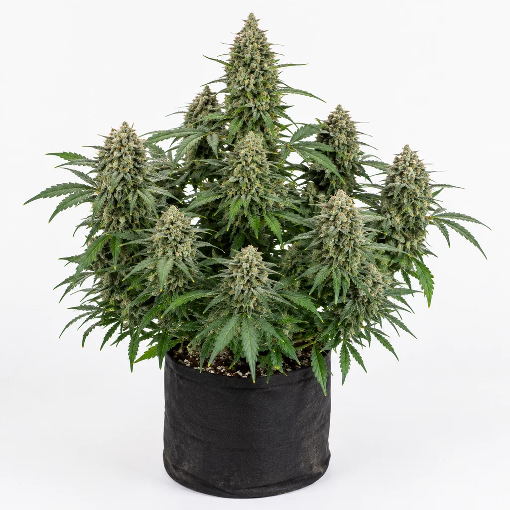 Ilustración de una planta de cannabis con abundantes flores y maceta negra para la ficha de Gelato 41 Auto de Seed Stockers.