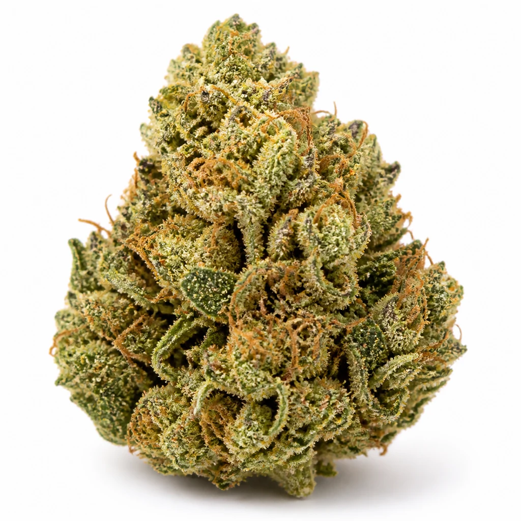 Ilustración de un cogollo verde con filamentos anaranjados y superficie granulada para la ficha de Key Lime Pie Feminizada de Spain Seeds.
