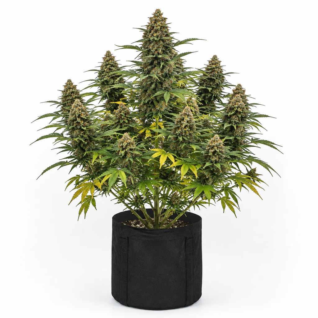 Ilustración de una planta de cannabis en floración para la ficha de Sunset Paradise Feminizada, en maceta negra sobre fondo blanco.