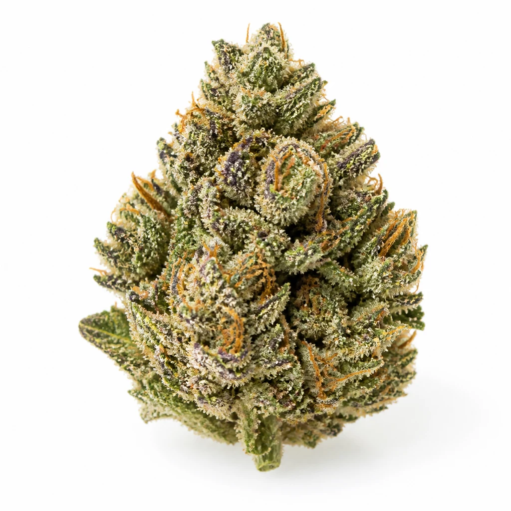 Ilustración de un cogollo verde con zonas moradas y filamentos anaranjados para la ficha de Gorilla Cookies Auto – Fast Buds.