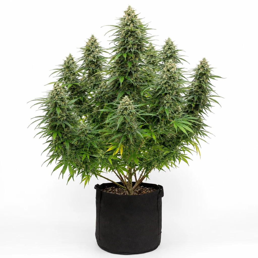 Ilustración de una planta en floración para la ficha de Super Silver Haze Feminizada, con varias ramas y cogollos en maceta negra.